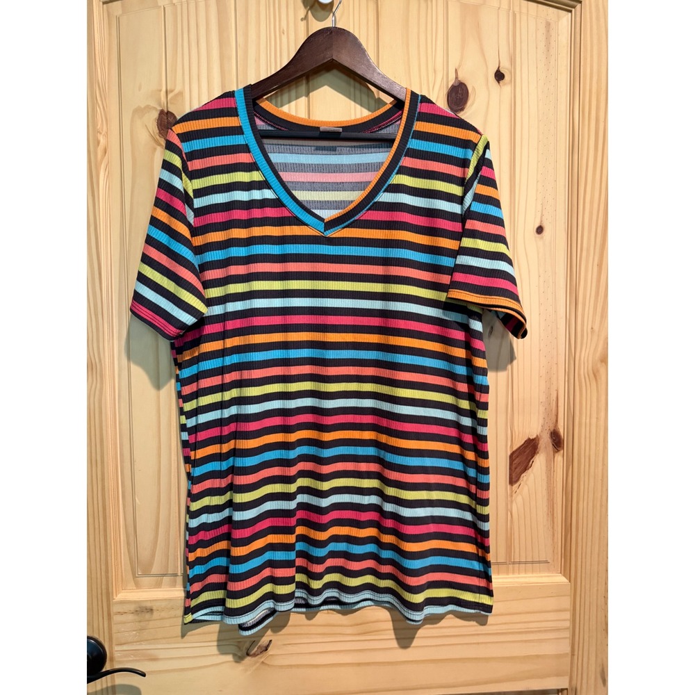 The ZigZag Stripe Womens Large V-Neck Ribbed Knit Multi-Color Striped T-Shirt‎